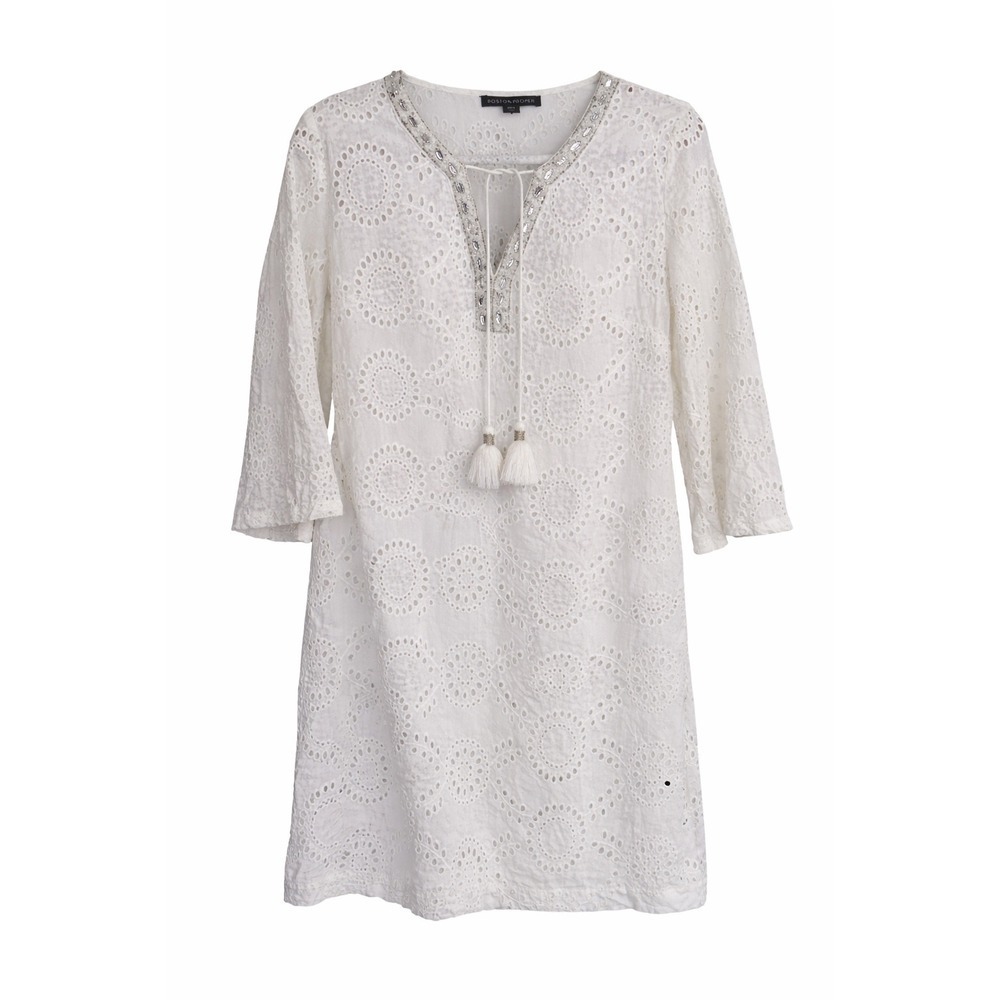 White Eyelet Swim Cover-Up Tunic Size SmallBeaded Neckline  Boho Resort Style
